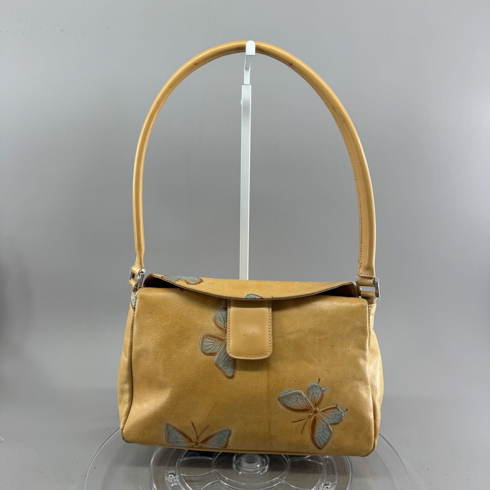 Arcadia Womens Italian Leather Butterfly Embossed Shoulder Bag Tan Made in Italy